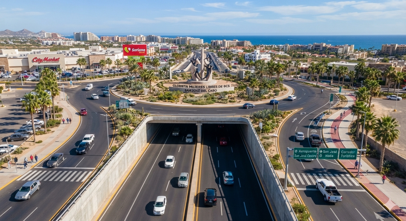 Aerial drone view of the completed multi-level Glorieta Mujeres Libres de BCS roundabout and underpass traffic junction in San José del Cabo, showing moving cars, palm trees, and the ocean horizon.